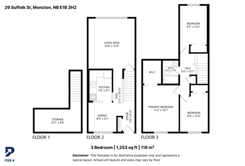 Floor plan for 3 beds, 1 bath, 1253 sqft